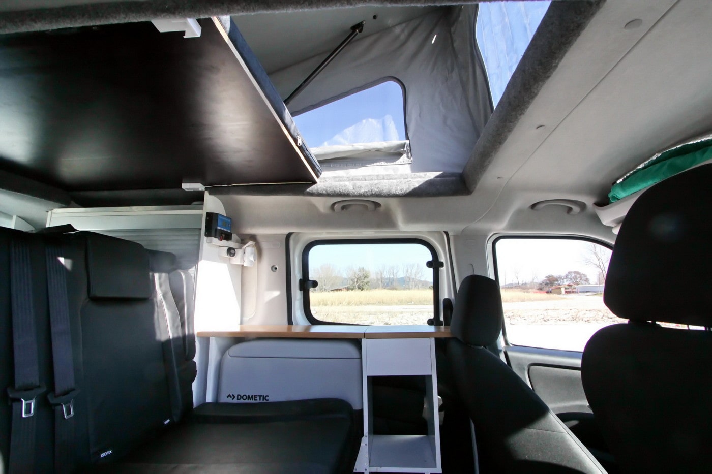 Interior of pop up roof micro camper